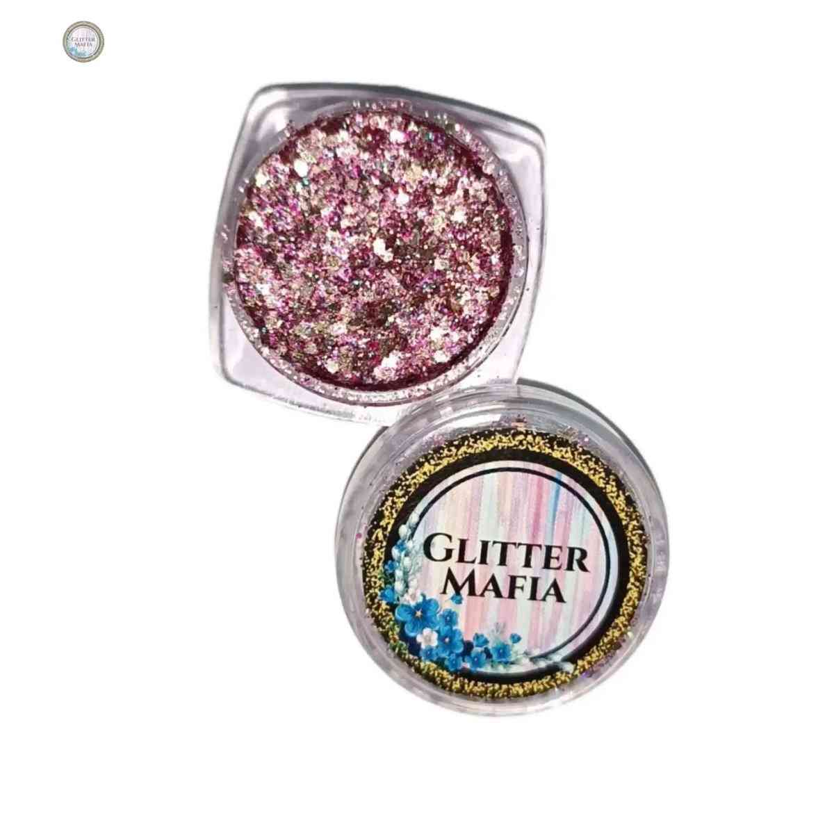 Glitter Mafia Dingle Hopper Pressed Glitter in a small clear container with pink and silver chunky glitter