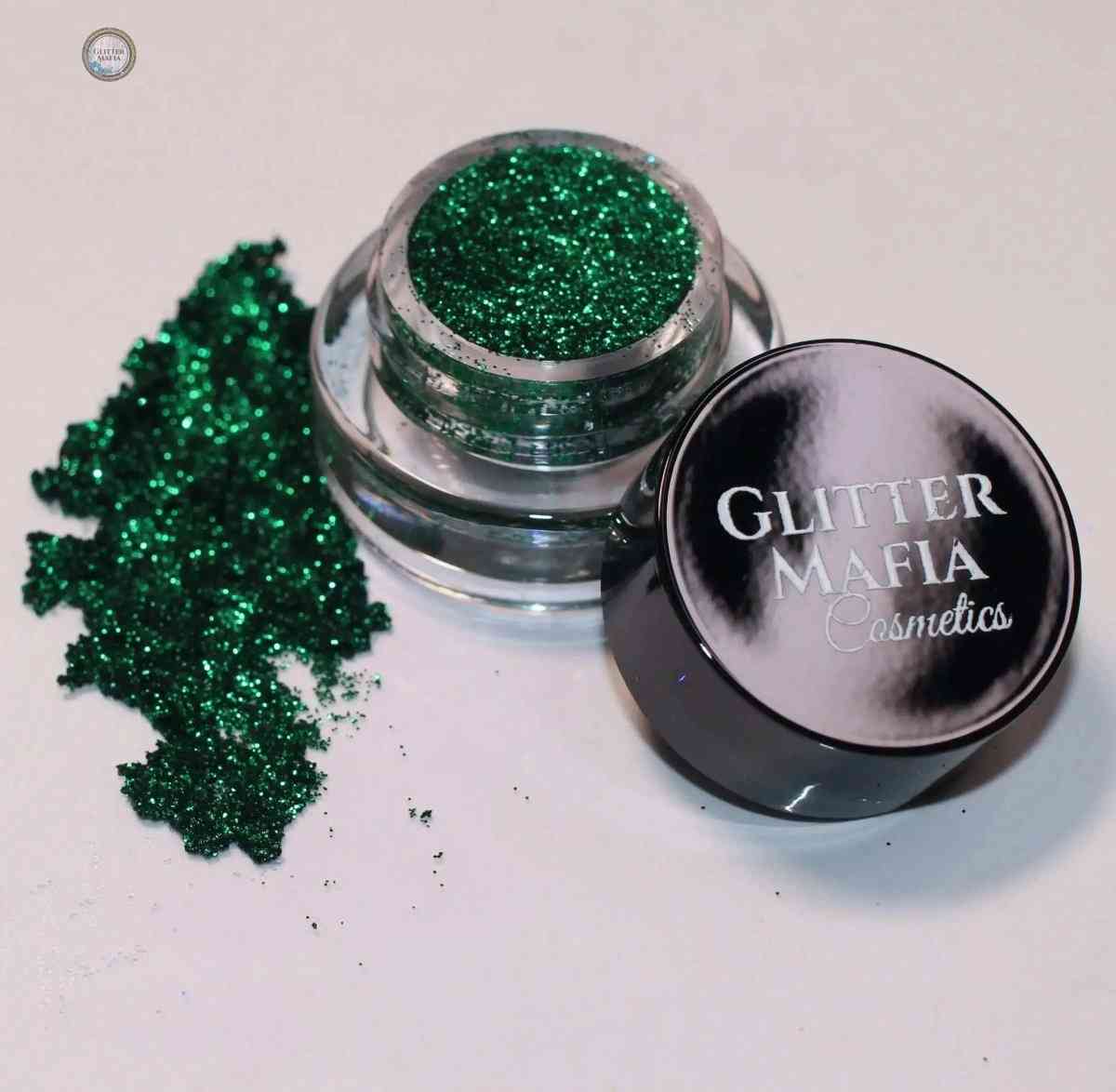 Glitter Mafia Begum Pressed Glitter in vibrant green shade with clear jar and black lid