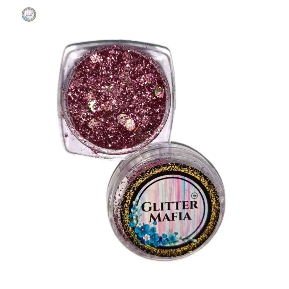 Glitter Mafia Beyond Pressed Glitter in a small container with pink sparkly glitter