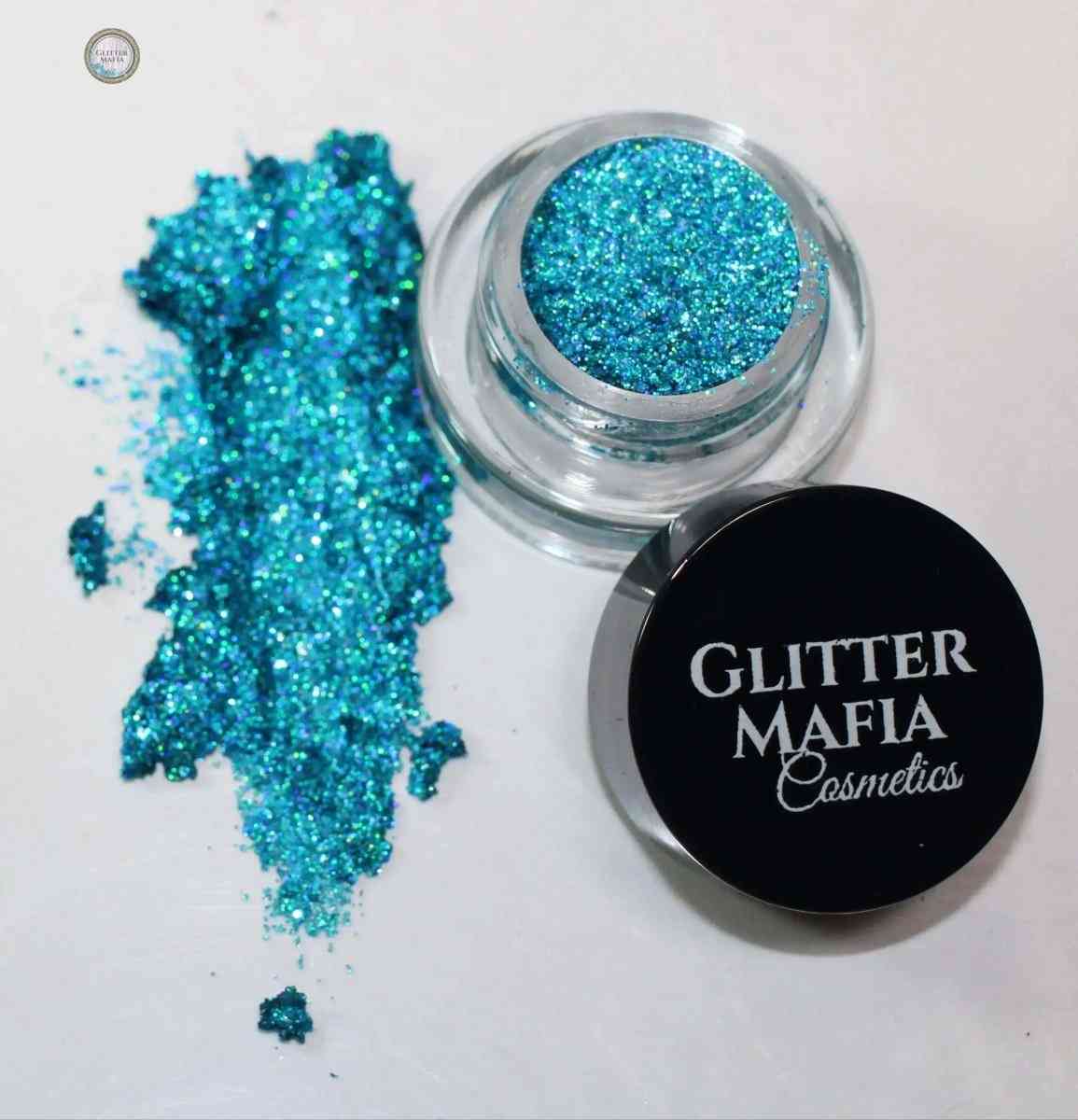 Glitter Mafia Blaze Pressed Glitter in vibrant blue shade with clear jar and black lid