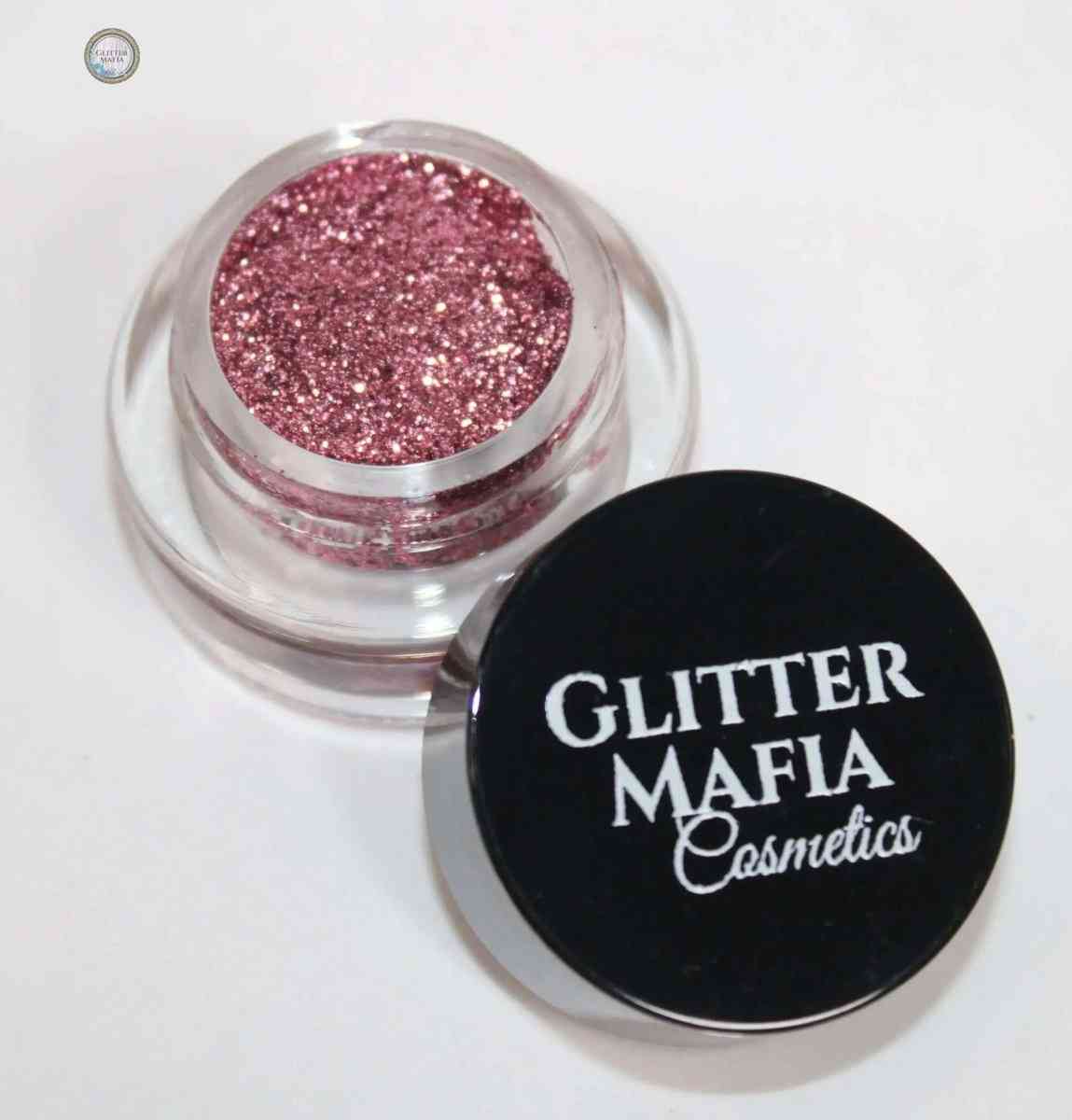 Glitter Mafia blushpink pressed glitter mini jar with black lid on white background