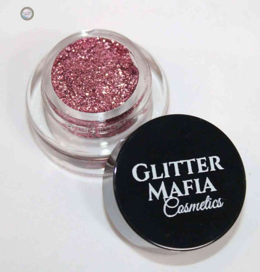 Glitter Mafia blushpink pressed glitter mini jar with black lid on white background