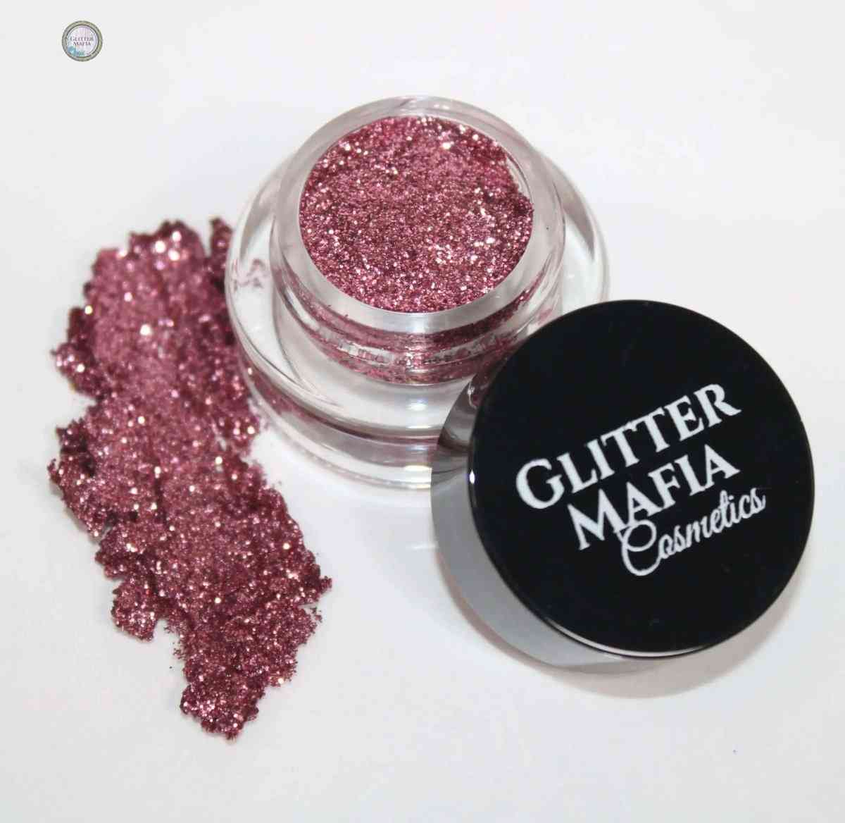 Glitter Mafia Blushpink Pressed Glitter in clear container with black lid and glitter swatch