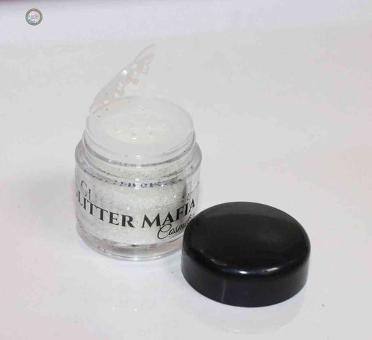 Glitter Mafia Diamond Loose Glitter in a clear jar with black lid for cosmetic use