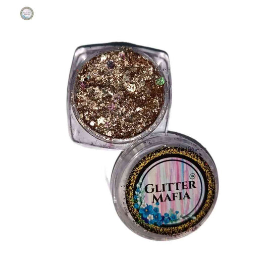 Glitter Mafia Dnd Chunky Pressed Glitter in a small clear container with gold and multicolor sparkles