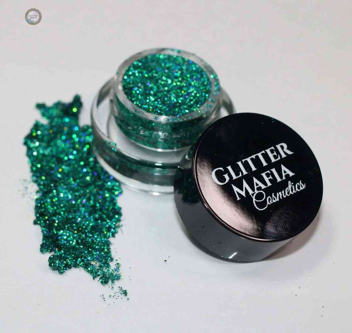 Glitter Mafia Flaunt Pressed Glitter in vibrant green shade with glitter spread next to the container