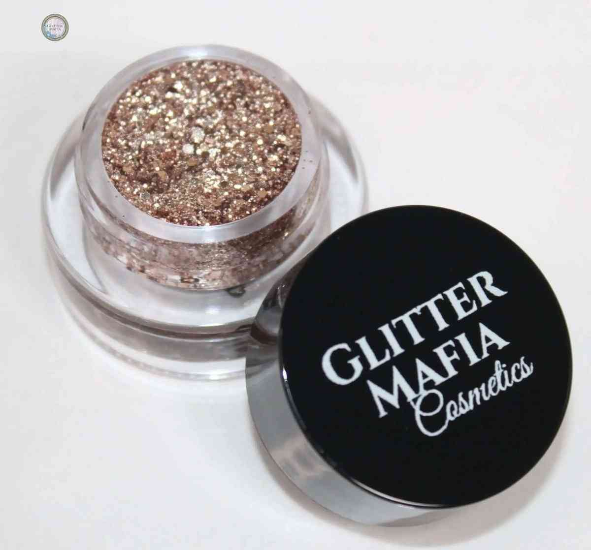 Gold Drip Pressed Glitter in clear jar with black Glitter Mafia Cosmetics lid