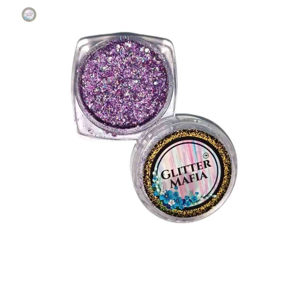 Glitter Mafia Iris Pressed Glitter in mini container with vibrant purple sparkly texture