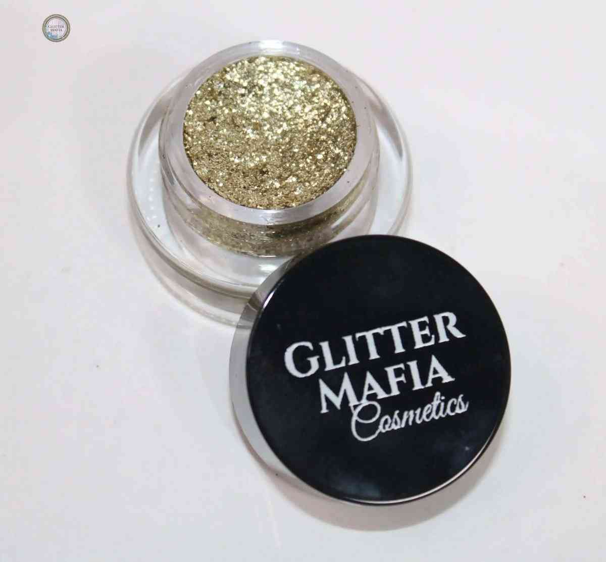 Glitter Mafia Malibu Pressed Glitter mini pot with sparkling gold glitter and black lid