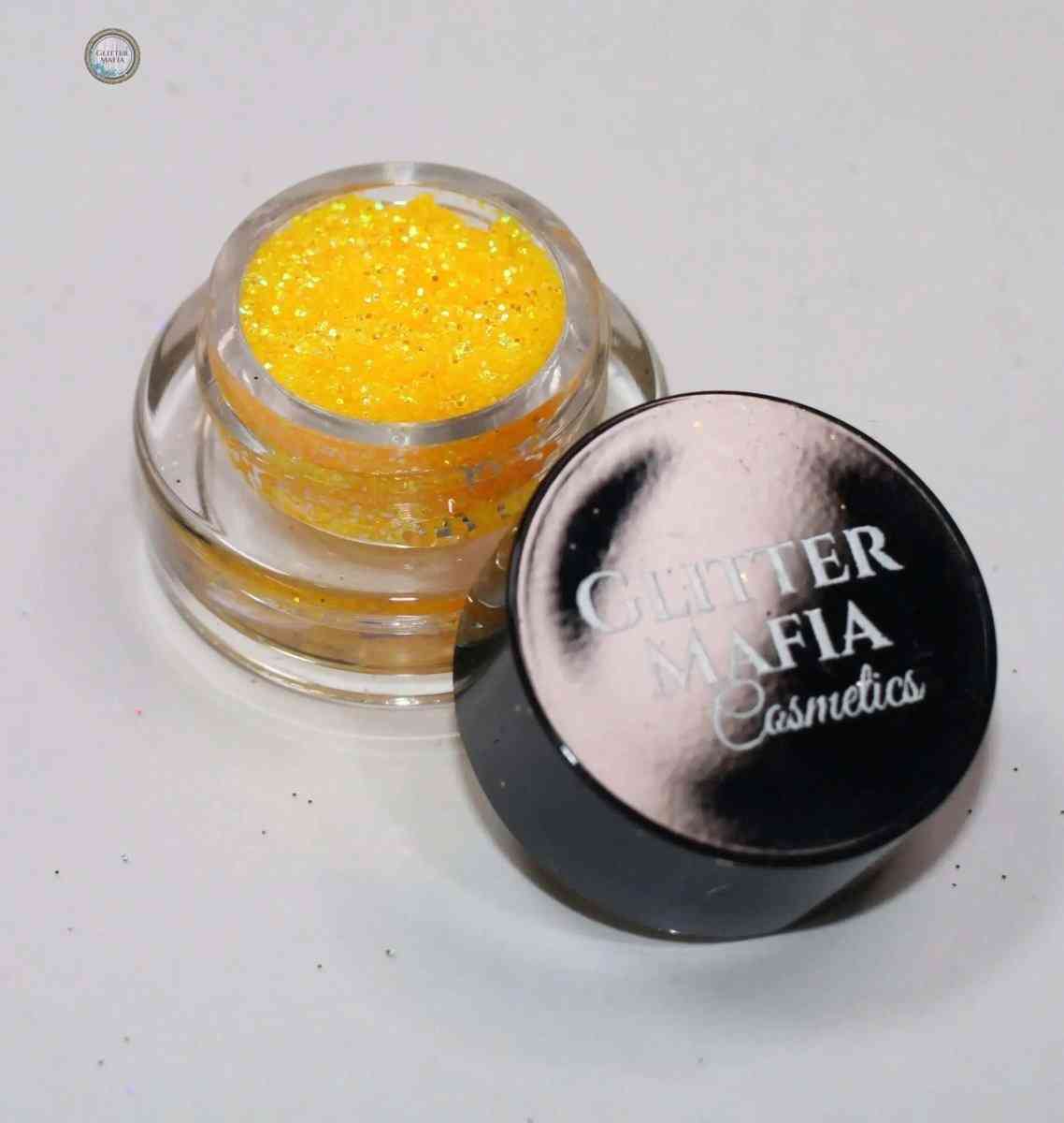 Glitter Mafia Mango Punch Pressed Glitter mini pot with bright yellow sparkly makeup pigment