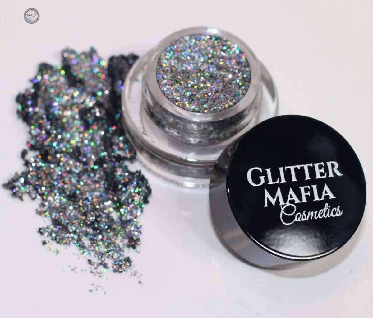 Glitter Mafia Moonstone pressed glitter compact showcasing iridescent shimmer