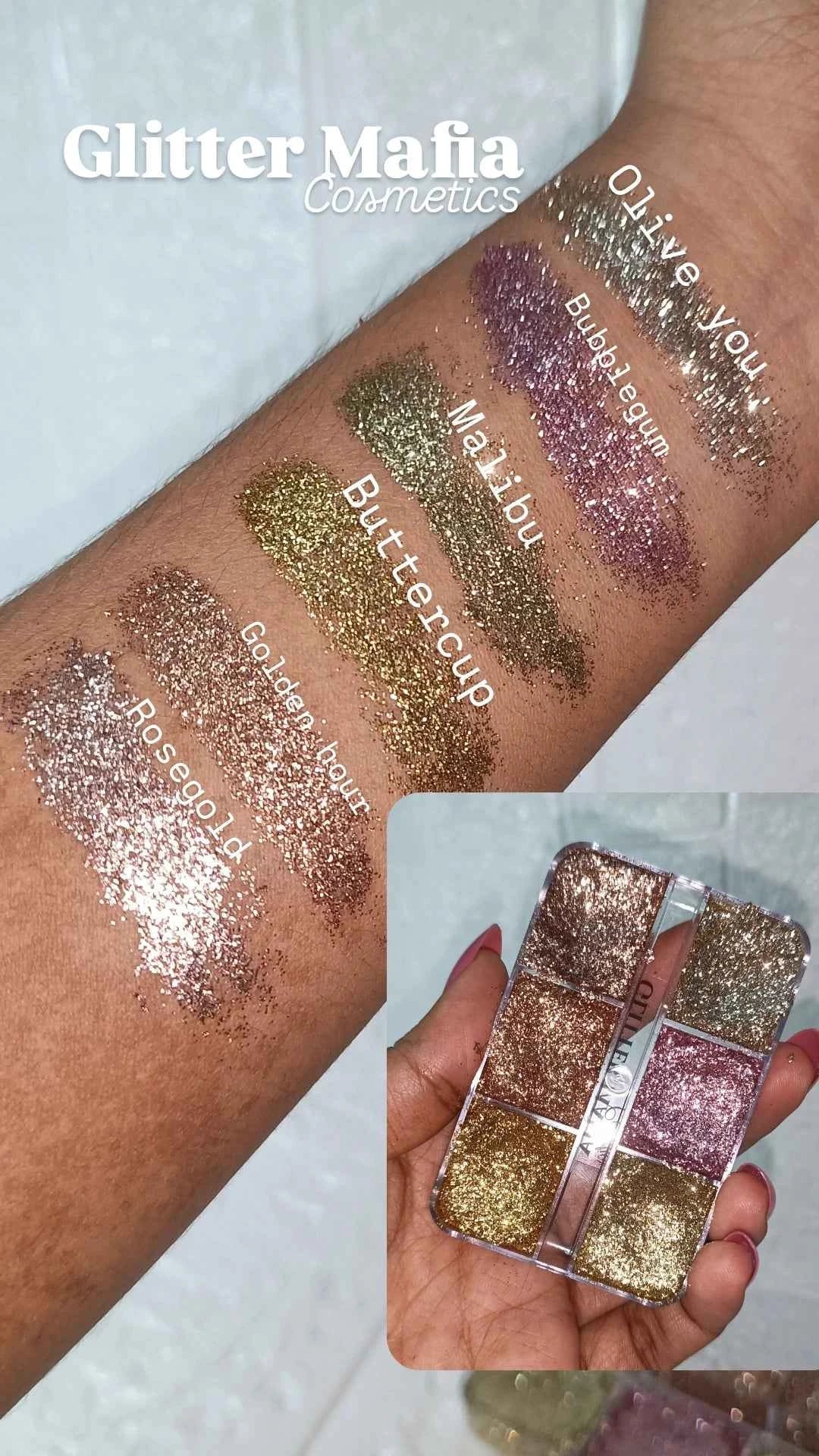 Glitter Mafia 6-in-1 Pressed Glitter Eyeshadow palette showcasing shades Olive You, Malibu, Buttercup, and Rosegold on skin swatches