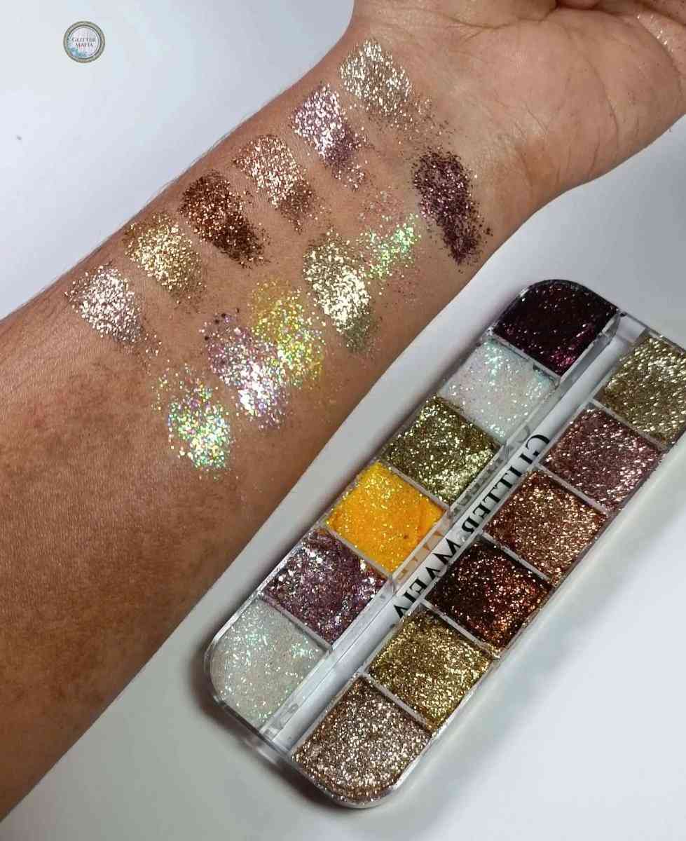 Glitter Mafia Bridal Dazzling Pressed Glitter Palette swatched on arm with multiple sparkling shades