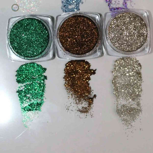 Glitter Mafia Azure Mini Pressed Glitters Set of 3 in green brown and silver with glitter swatches