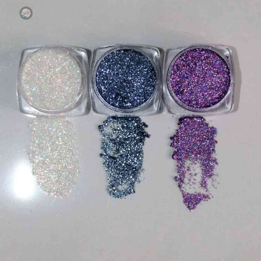 Set of 3 Pressed Glitters by Glitter Mafia with white, blue, and purple bridal glitter shades