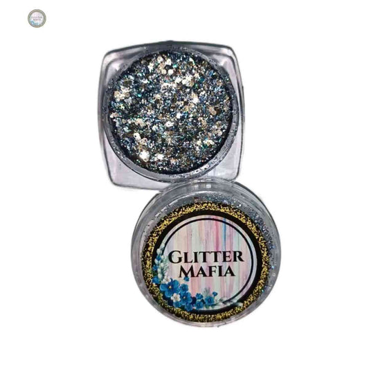 Glitter Mafia Silvermoon Pressed Glitter in a clear mini container with multicolored chunky sparkle