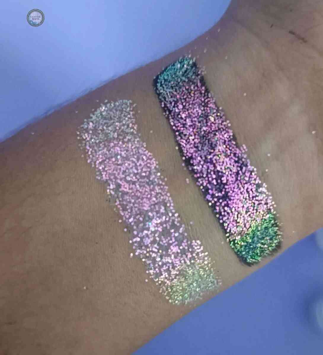 Glitter Mafia Stella Chrome Glitter swatches showing iridescent pink, green, and silver shimmer on skin
