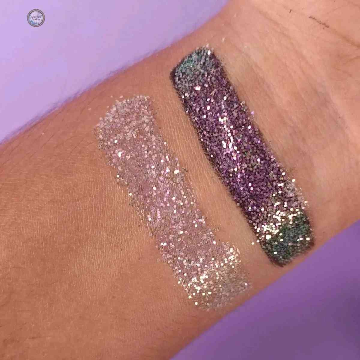 Swatches of Stella Chrome Glitter in light pink and dark purple glitter on skin from Glitter Mafia