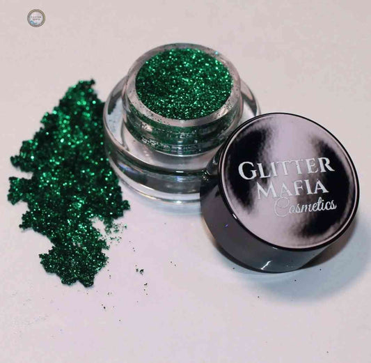 Glitter Mafia Begum Pressed Glitter in vibrant green shade with clear jar and black lid