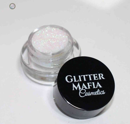 Glitter Mafia Mermaid Pressed Glitter in mini clear container with black lid on white background