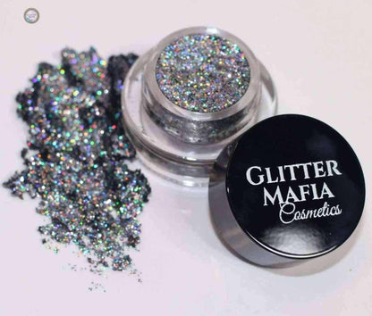 Glitter Mafia Moonstone pressed glitter compact showcasing iridescent shimmer
