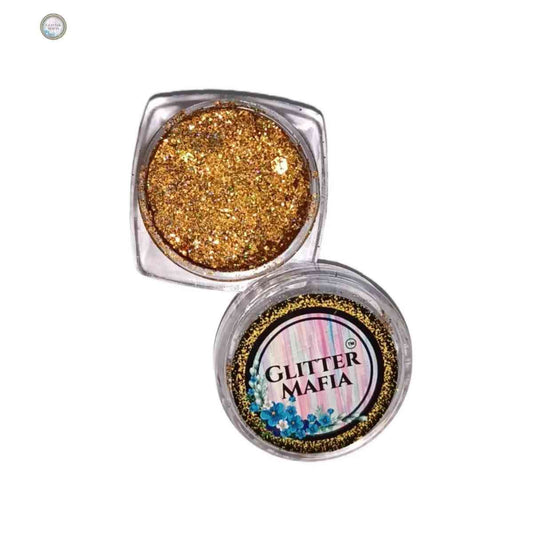 Glitter Mafia Sunkist Chunky Pressed Glitter in clear round container with gold glitter chunks