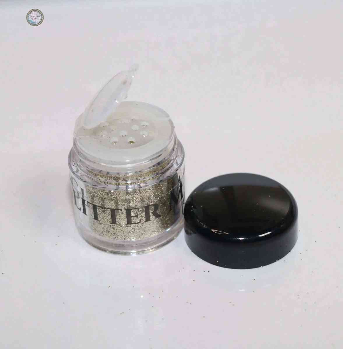 Glitter Mafia 24k Gold Loose Glitter jar with black lid open showing Malibu Loose Glitter inside