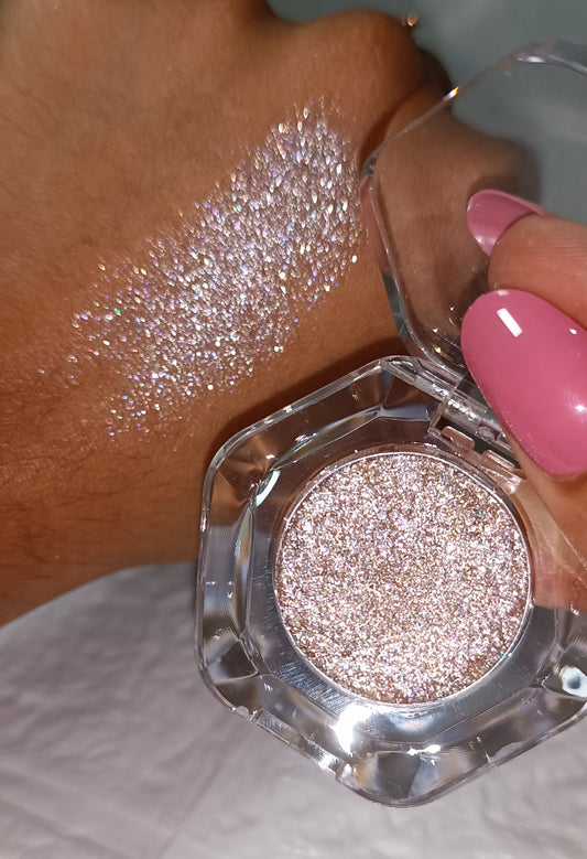 Glitter Mafia Rose Quartz Melt- Soft Rosegold with molten sparkle. pressed glitter eyeshadow pot and hand swatch